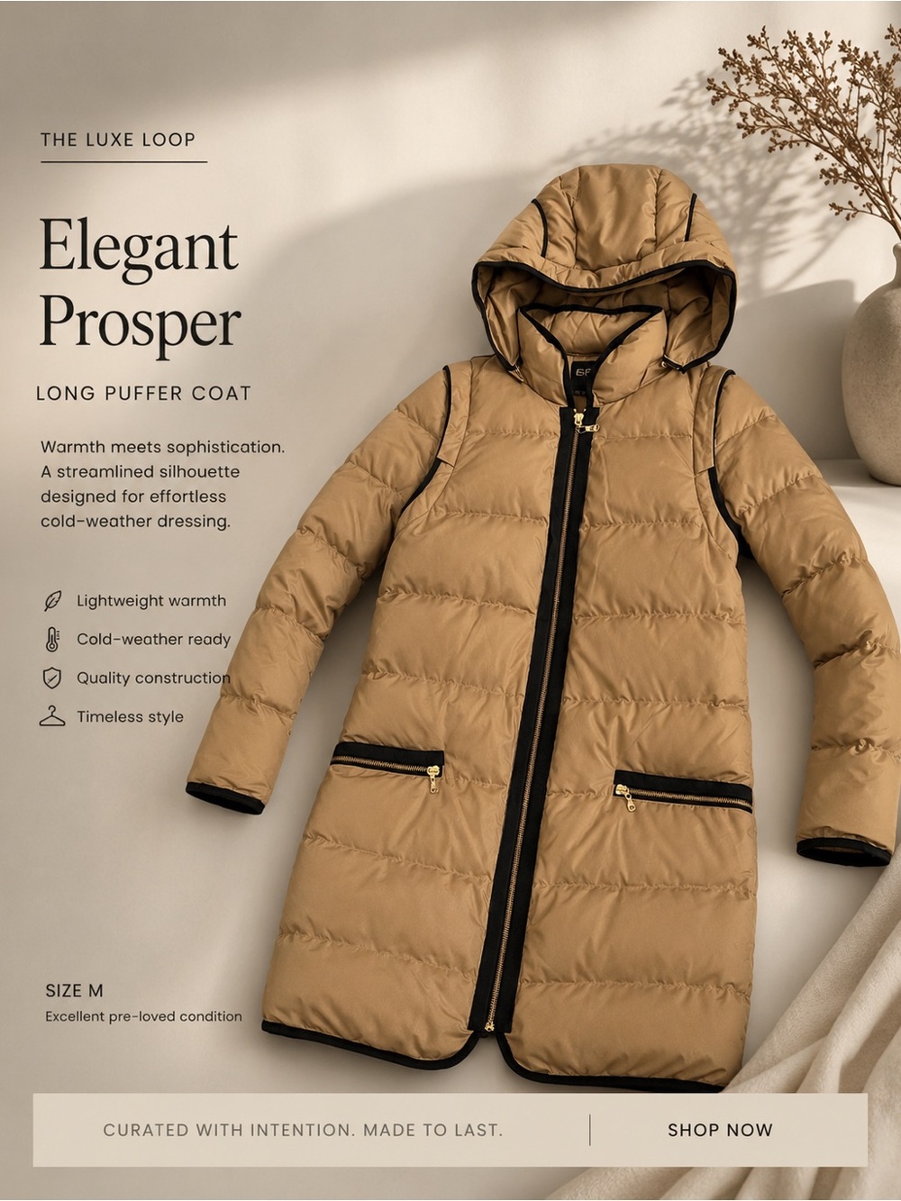 Long Puffer Coat in Tan with Black Trim